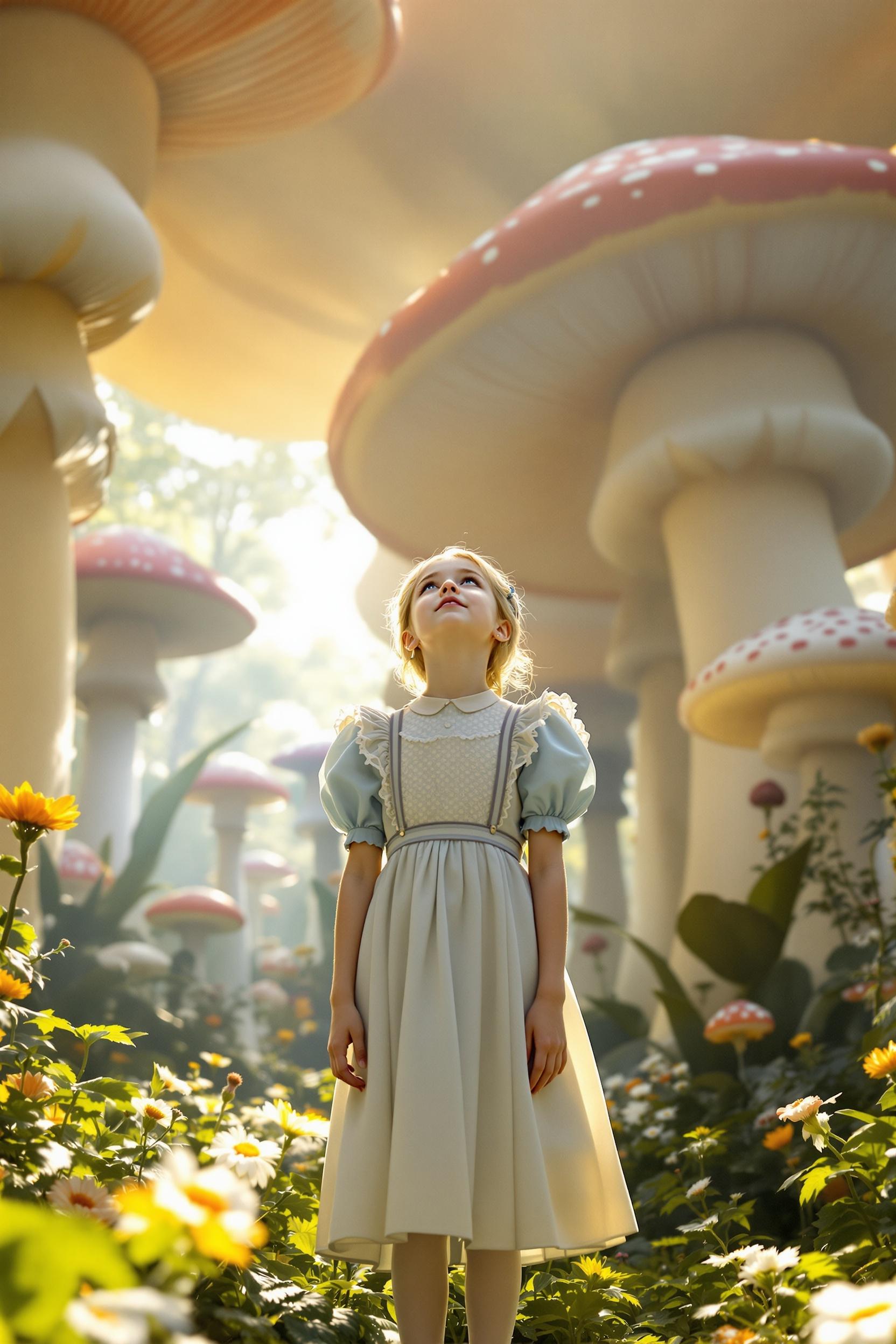 Alice in a golden-lit Victorian garden, watching a white rabbit disappear into a hedge