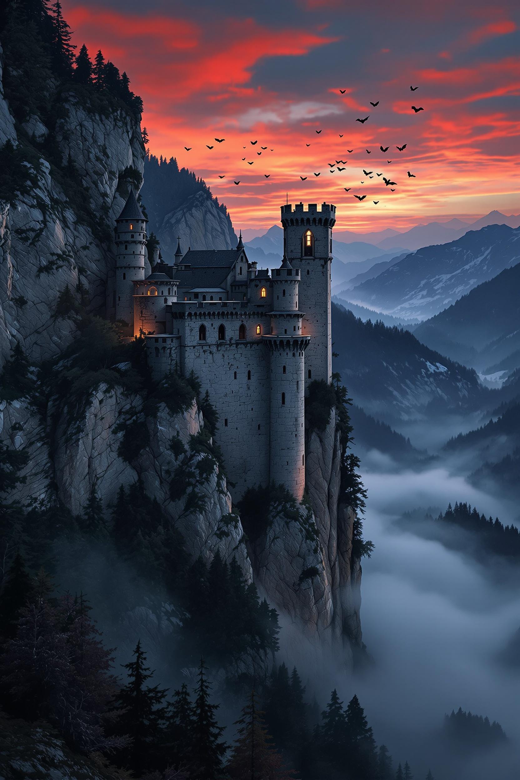 Count Dracula: a pale aquiline figure in shadow against a crimson Transylvanian sky