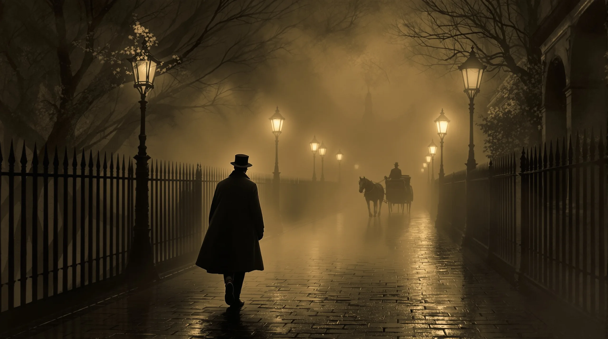 A fog-shrouded Victorian London street, gaslight glowing in the mist