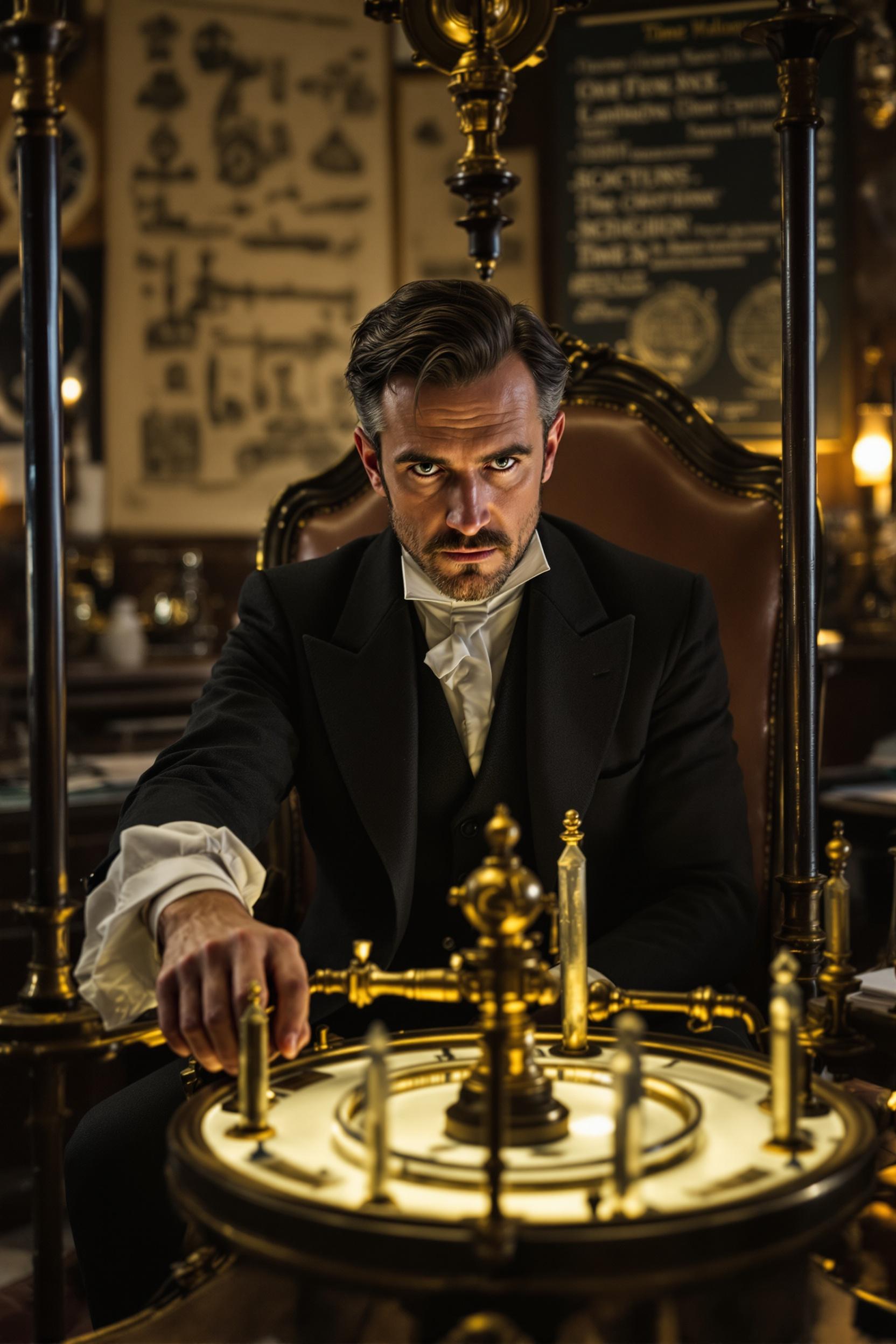 A brass and mahogany time machine in a Victorian laboratory, levers gleaming under gaslight